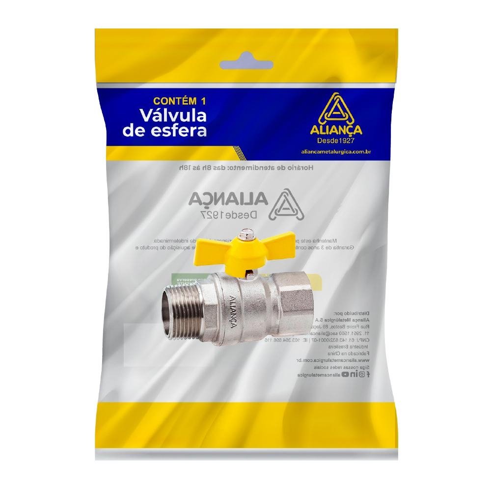 Valvula Esfera para Gas Reto MF Borboleta Amarelo 1/2 - unidade
