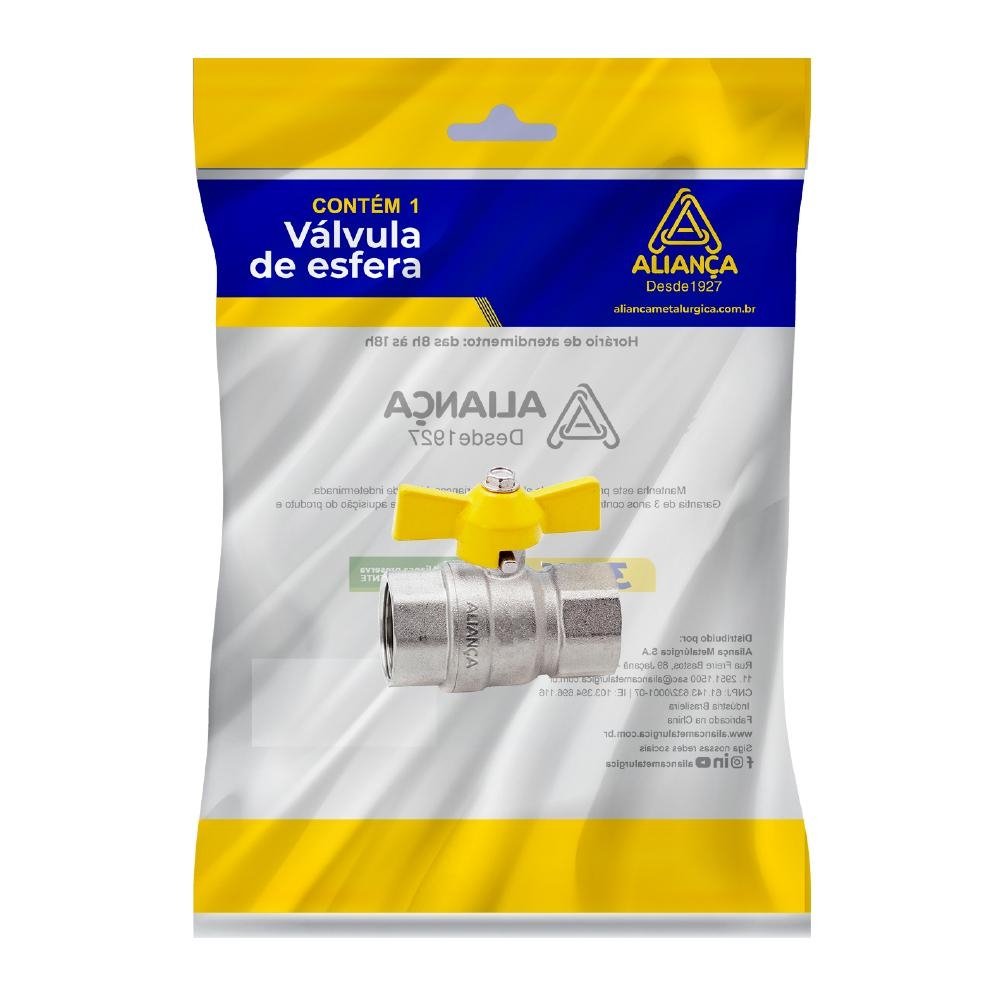 Valvula Esfera para Gas Reto FF Borboleta Amarelo 3/4 - unidade