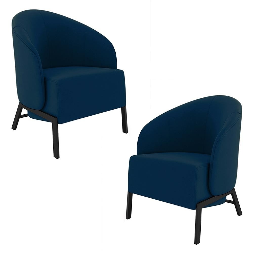 Kit 2 Poltronas Decorativa Sala de Estar kenya Pes em Ferro Veludo Preto/Azul G33 - Gran B