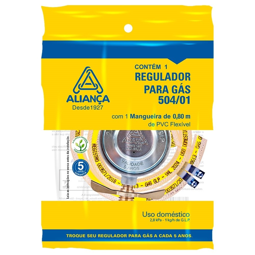Regulador de Gás 504/01 Pequeno c/ Mangueira 80cm Aliança - Regulador ...