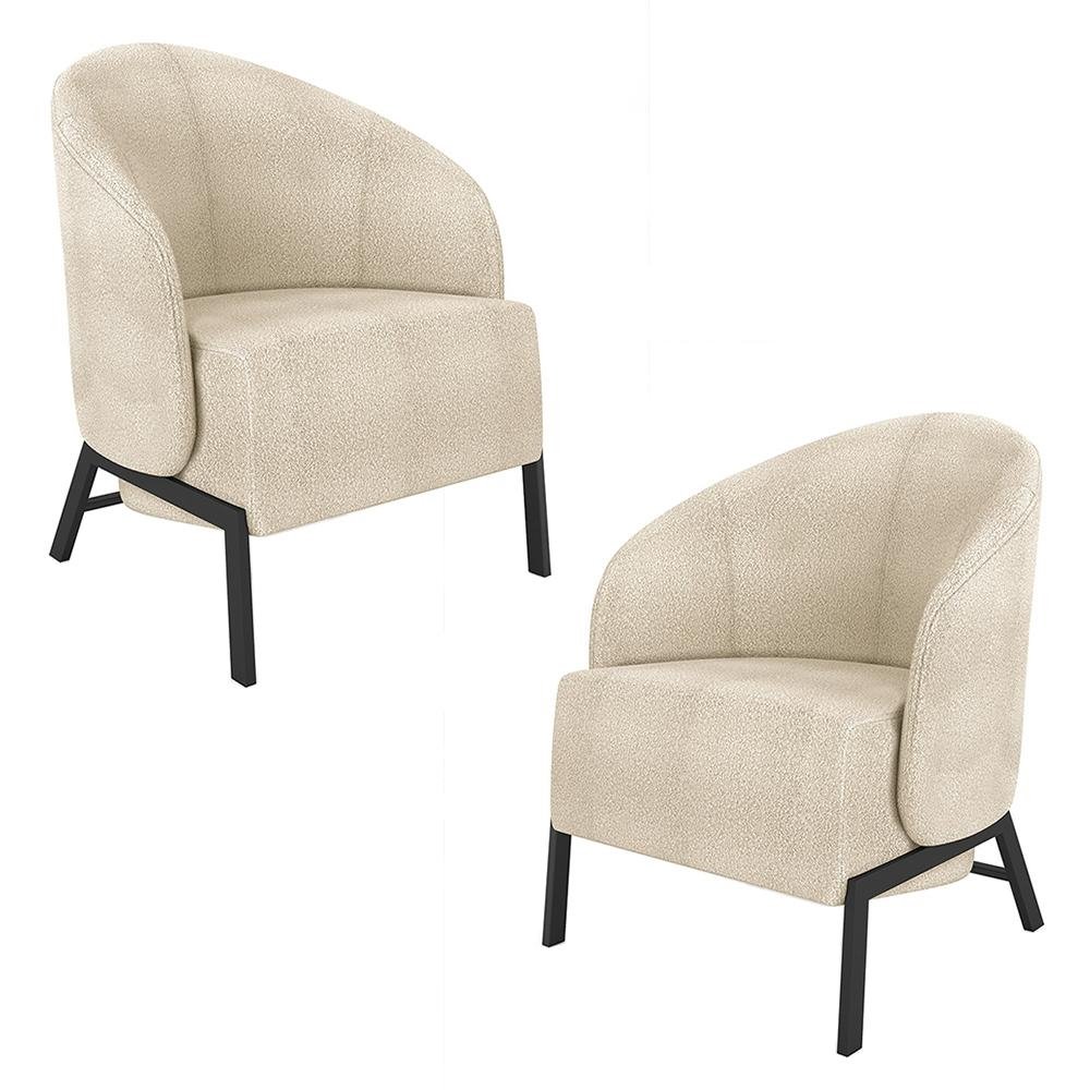 Kit 2 Poltronas Decorativa Sala de Estar kenya Pes em Ferro Boucle Preto/Bege G33 - Gran B