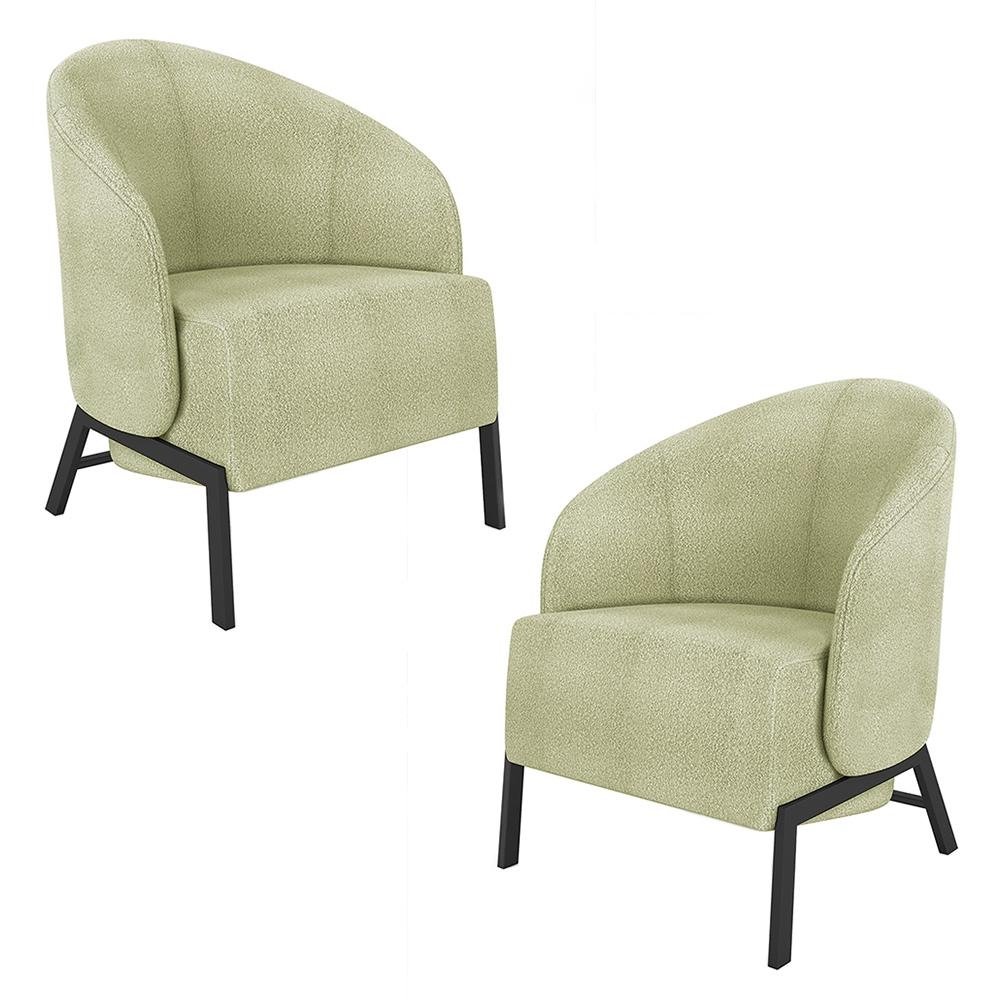 Kit 2 Poltronas Decorativa Sala de Estar kenya Pes em Ferro Boucle Preto/Verde G33 - Gran