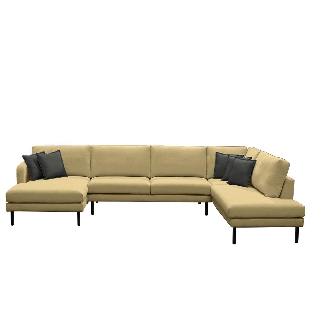 Sofa Decorativo Sala de Estar Osaka 400cm Modulado em U com Almofadas Pes em Madeira Linho
