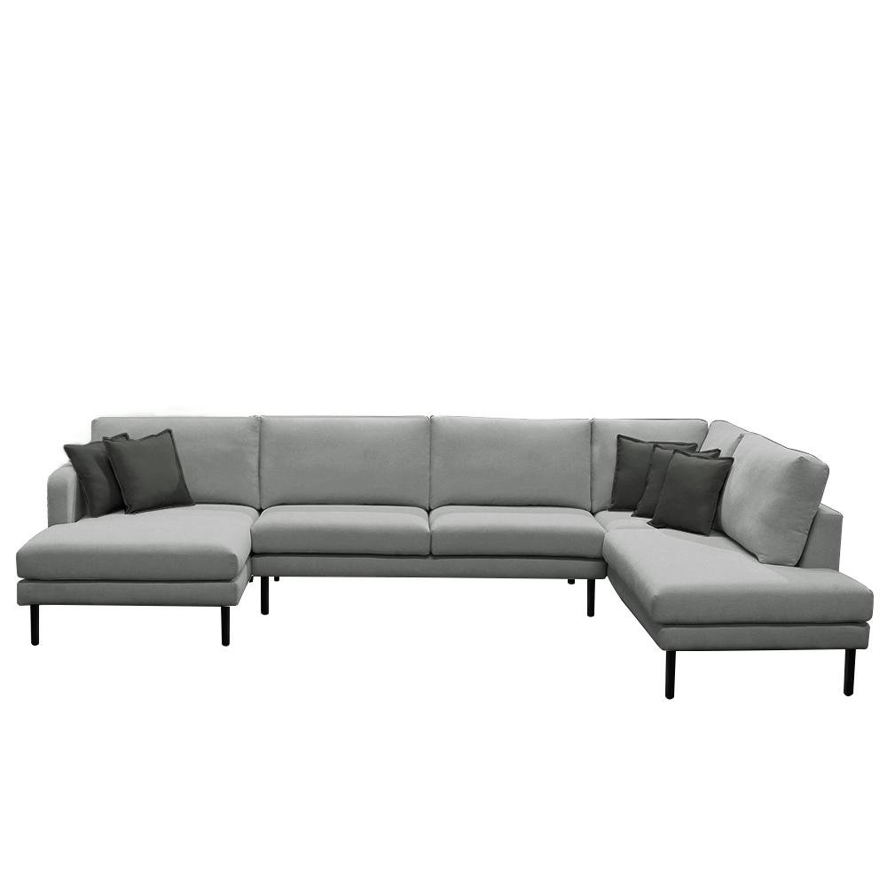 Sofa Decorativo Sala de Estar Osaka 400cm Modulado em U com Almofadas Pes em Madeira Linho