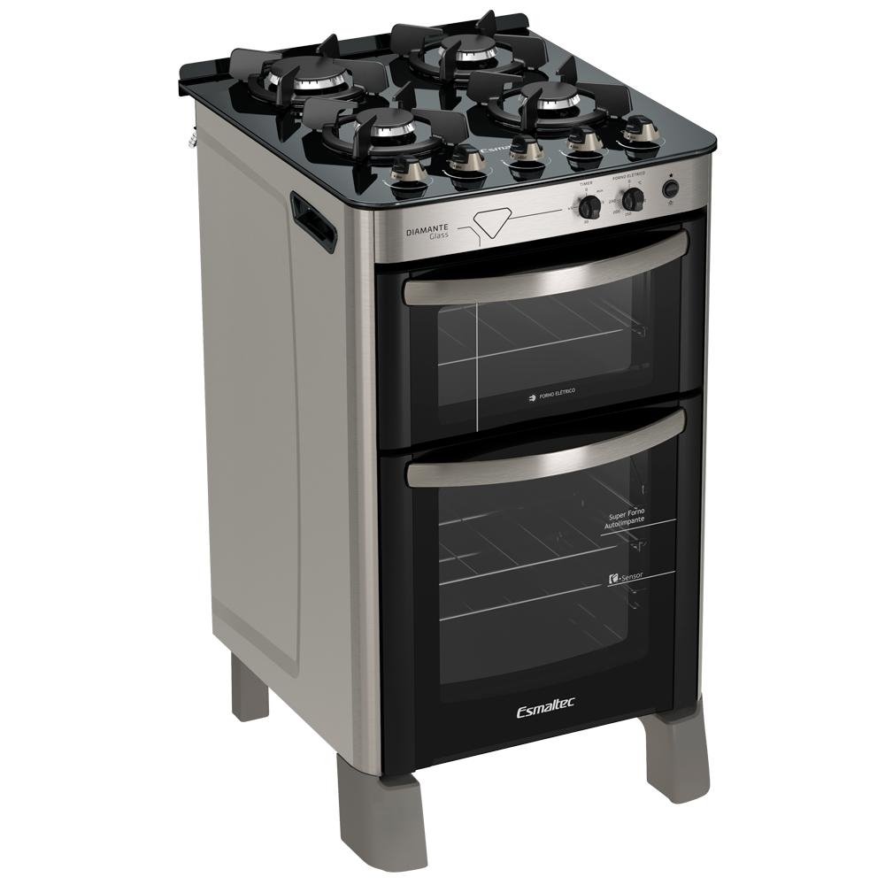 Fogão Esmaltec Diamante Glass 4 bocas Inox com Duplo Forno e Timer Sonoro 220V