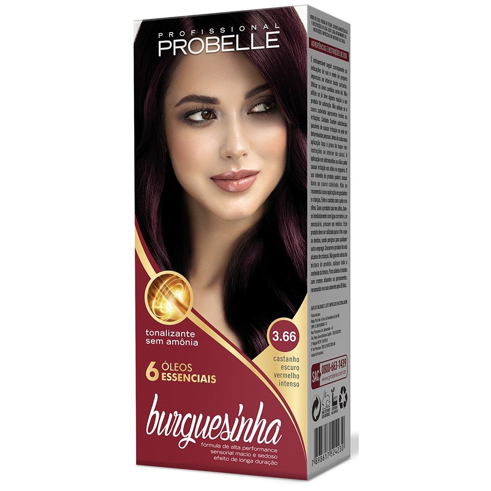Tintura Probelle Burguesinha Tonalizante 3.66 Castanho Escuro Vermelho Intenso 50ml