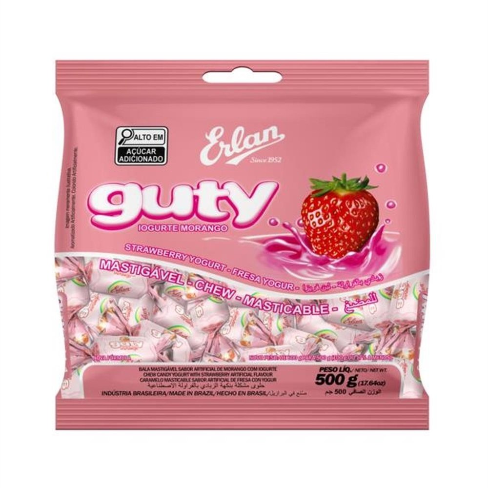 Bala Mastigavel Guty Morango Embalagem com 26 unidades de 500g