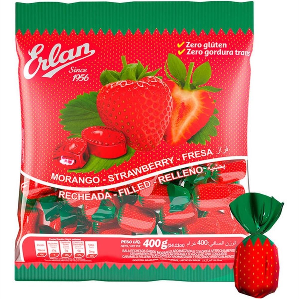 Bala Recheada Morango Cestinha Embalagem com 36 Unidades de 400g