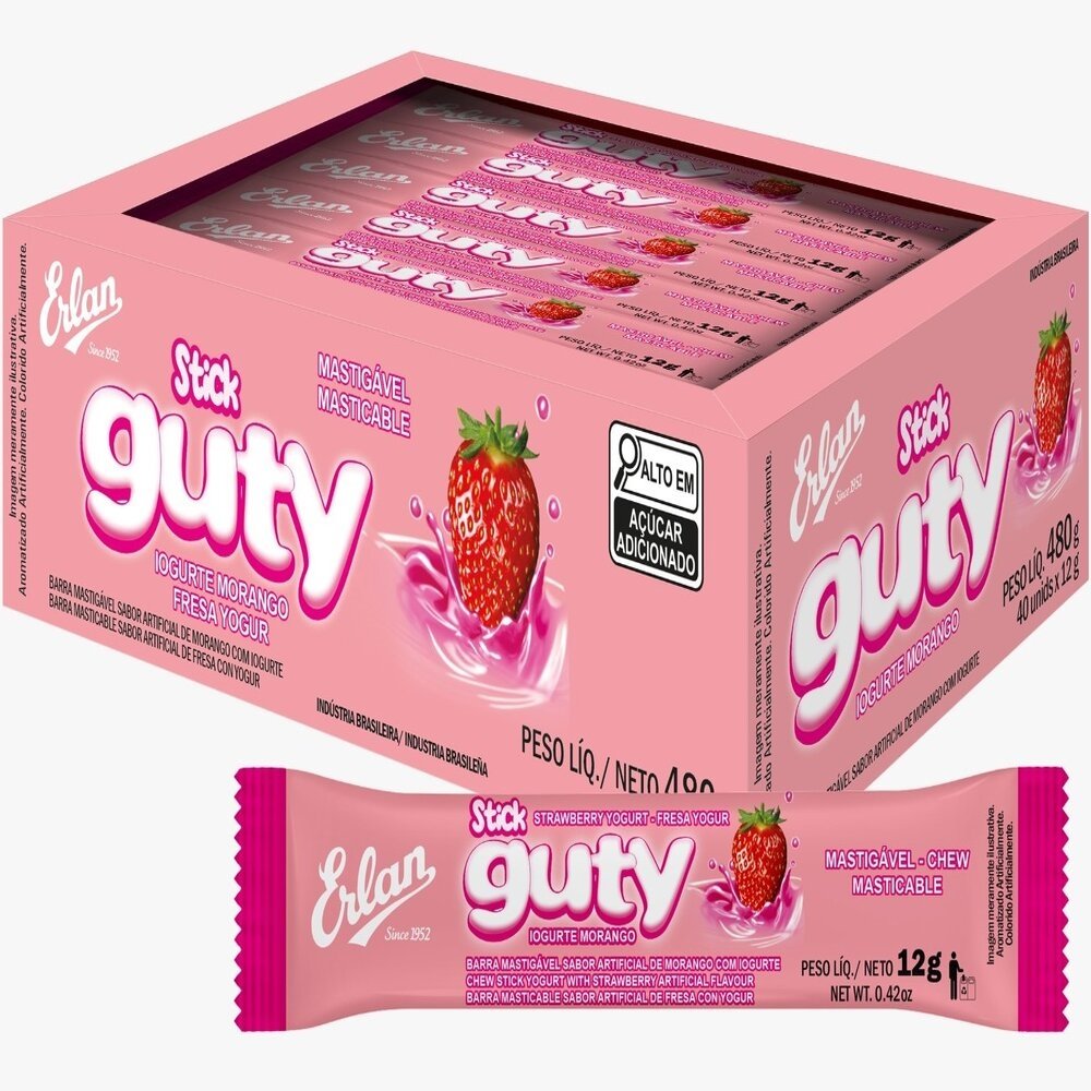 Barra Mastigável Stick Gutty Morango 12g - Caixa com 12 Displays de 40 Unidades Cada