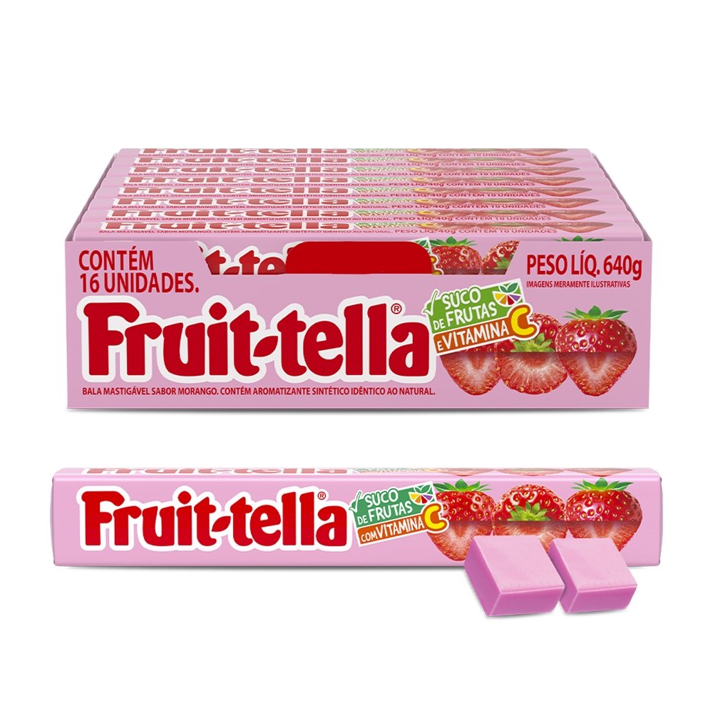 Bala Fruit tella de Morango Mastigável Embalagem com 16 Unidades