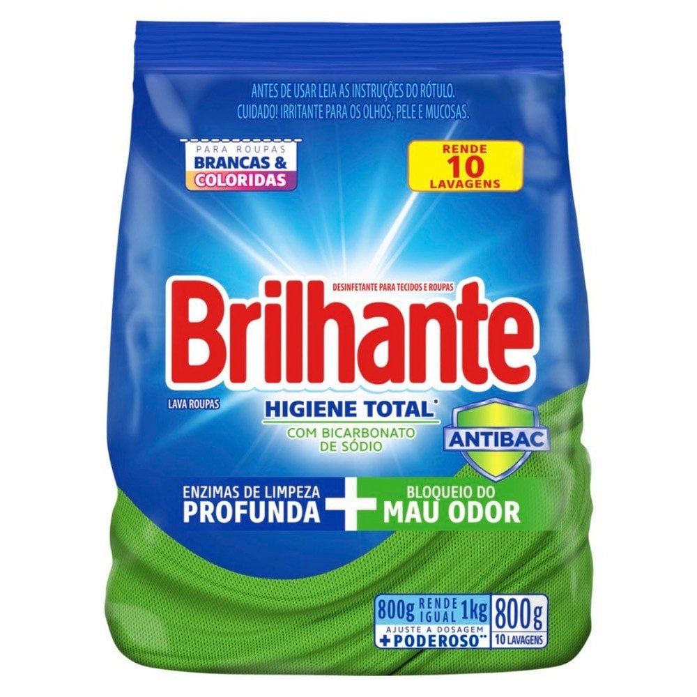 Sabão Em Pó Brilhante Higiene Total Sanitizante 800g - Embalagem c/ 16 unidades