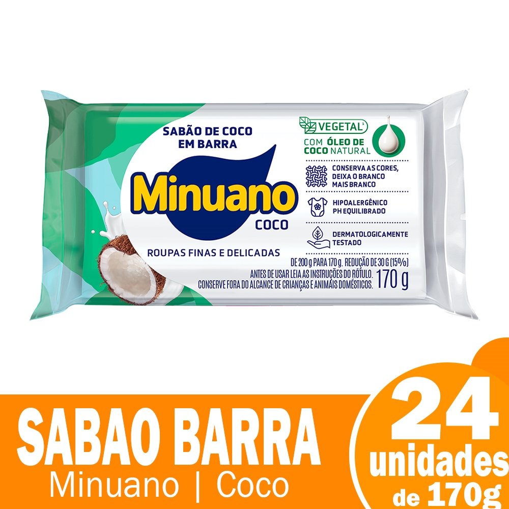 Sabão em Barra Minuano Coco Unitário 200g - Embalagem com 24 Unidades