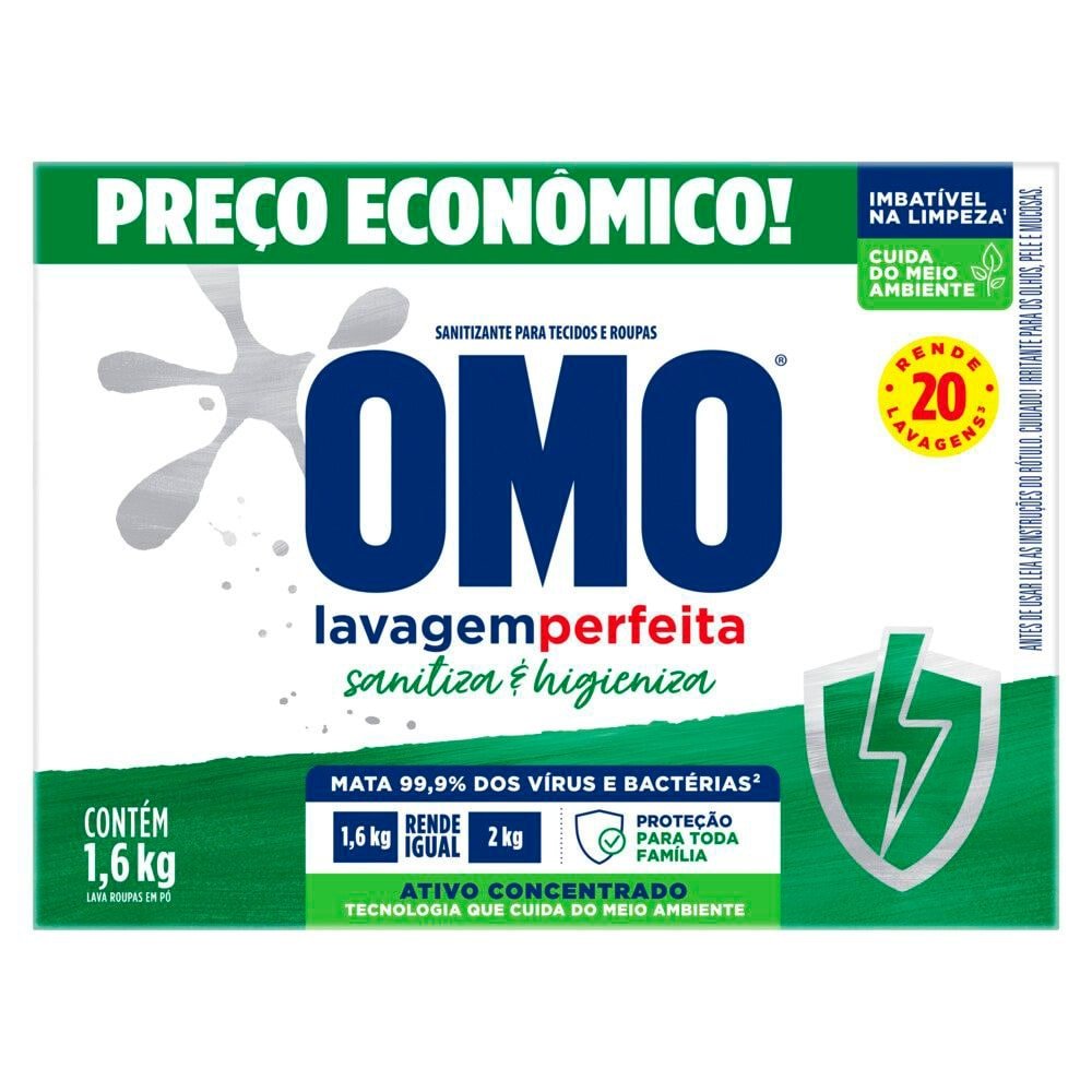 Sabão em Pó Omo Lavagem Perfeita, Sanitiza e Higieniza, 1,6kg - Embalagem com 9 Unidades