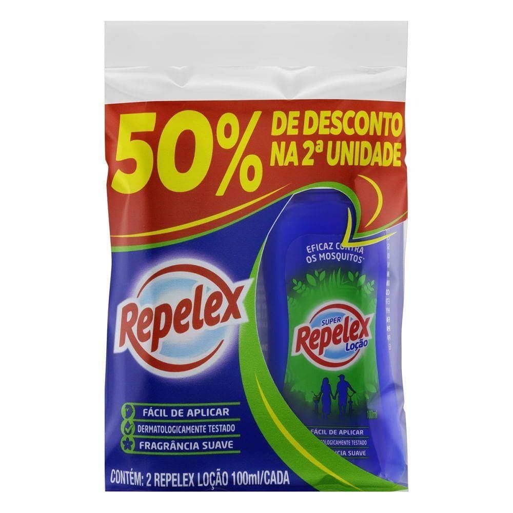 Repelente de Insetos Repelex Loção 100ml Embalagem com 2 Unidades Oferta 50% de Desconto na Segunda Embalagem