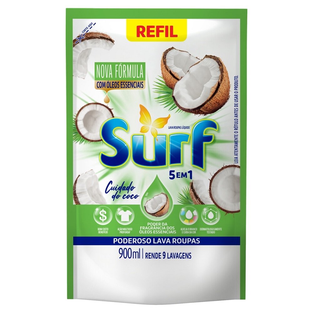Sabão Líquido Surf Cuidado do Coco Refil Sachê 900ml - Embalagem com 12 Unidades