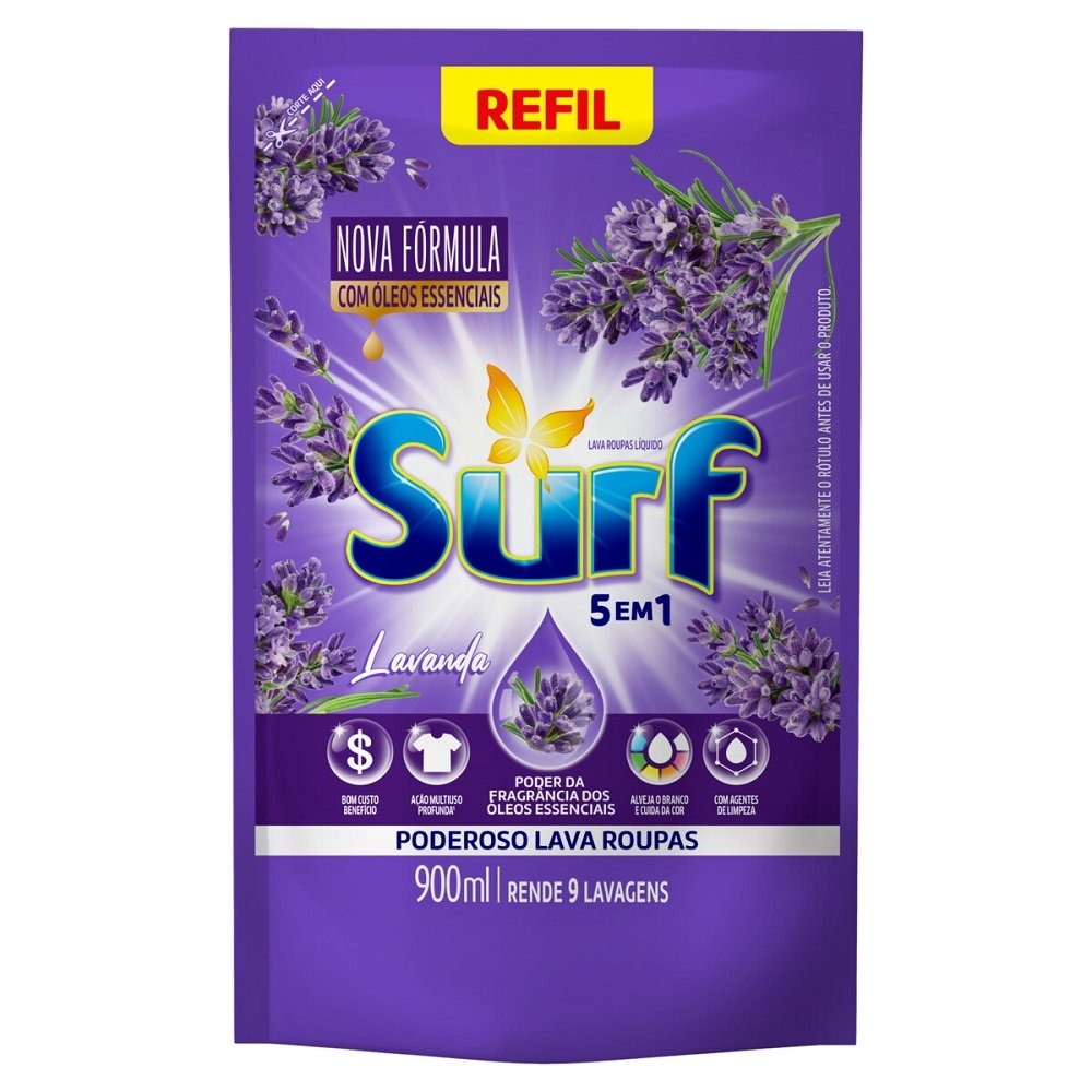 Sabão Líquido Surf Lavanda Refil Sachê 900ml - Embalagem com 12 Unidades