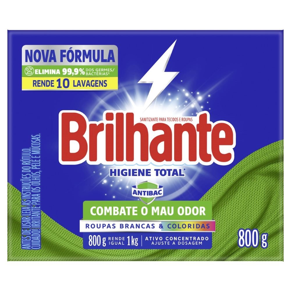 Sabão em Pó Brilhante Higiene Total Caixa 800g - Embalagem com 20 Unidades