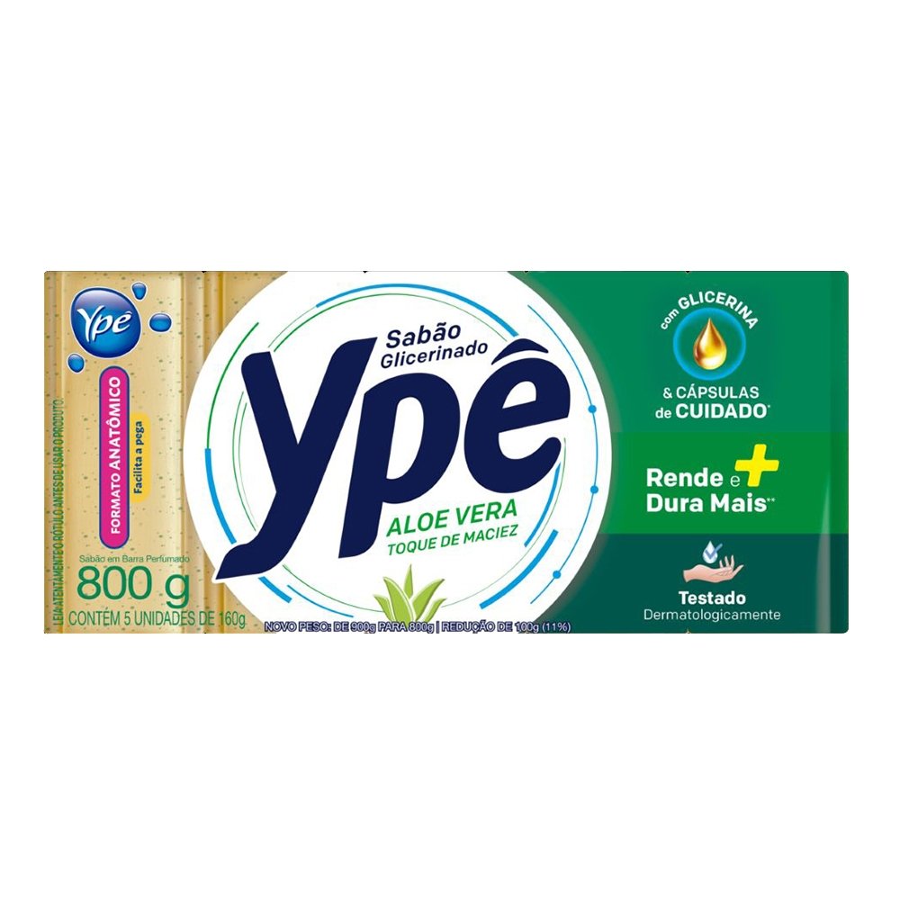 Sabão em Barra Ypê Glicerinado Aloe Vera - Toque de Maciez 160g - Embalagem com 60 Unidades