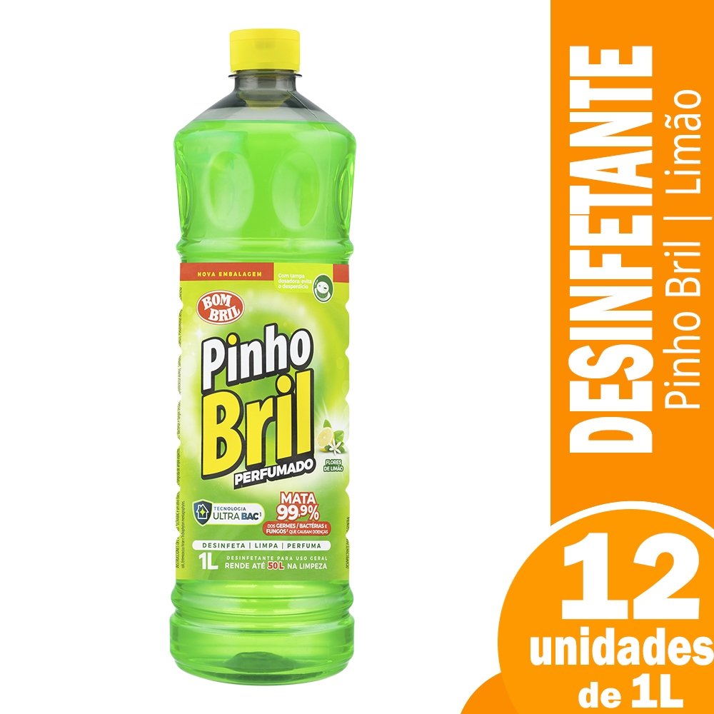 Desinfetante Pinho Bril Flores de Limão 1L - Embalagem com 12 Unidades