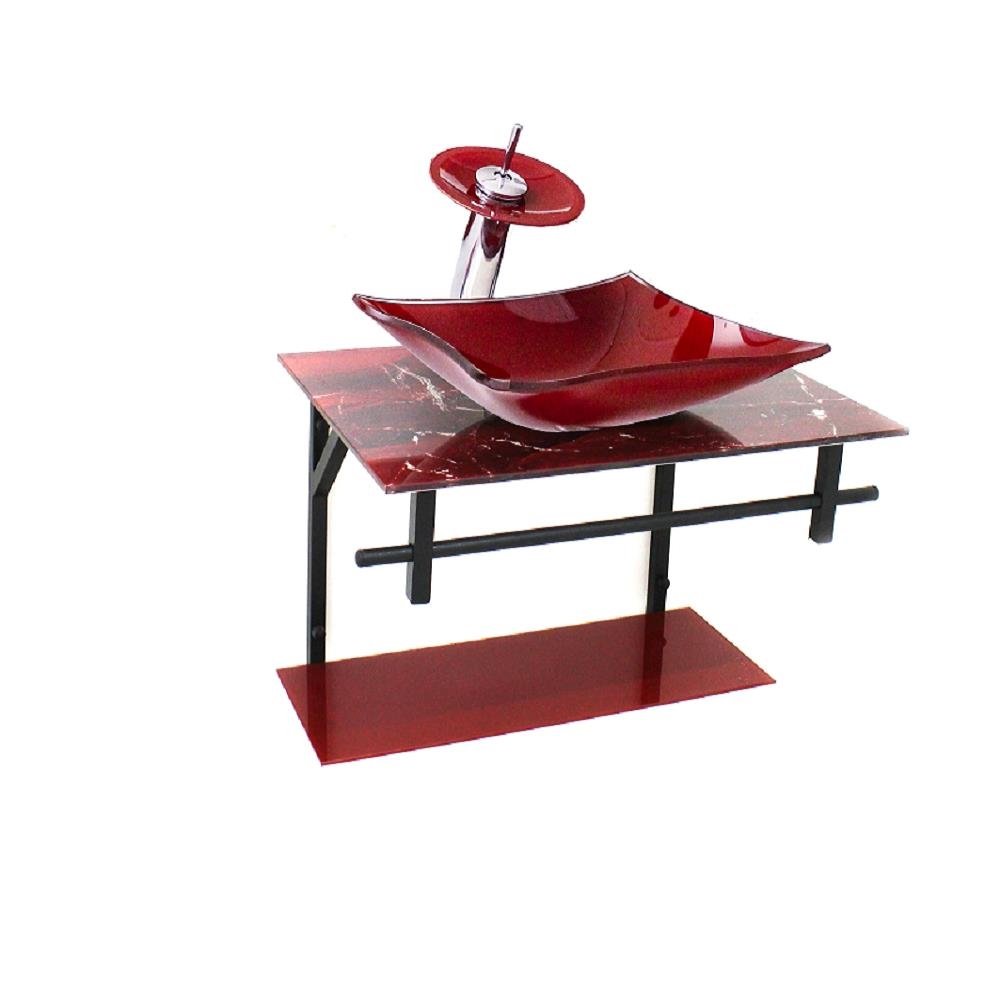 Gabinete de Vidro Para Banheiro 60cm AP Slim Mármore Avermelhado C/ Cuba Retangular