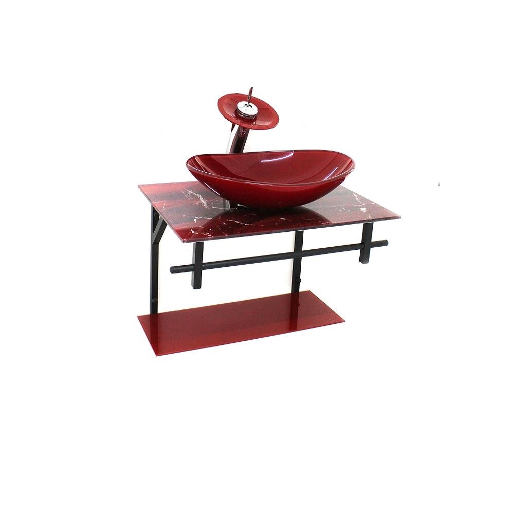 Gabinete de Vidro Para Banheiro 60cm AP Slim Mármore Avermelhado C/ Cuba Oval