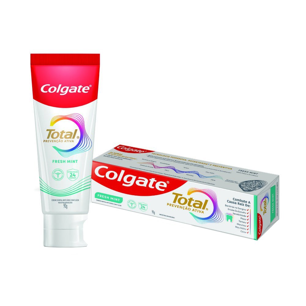Creme Dental Colgate Total Fresh Mint, Anticárie com Flúor - Hálito Fresco e Duradouro 90g Embalagem com 12 Unidades