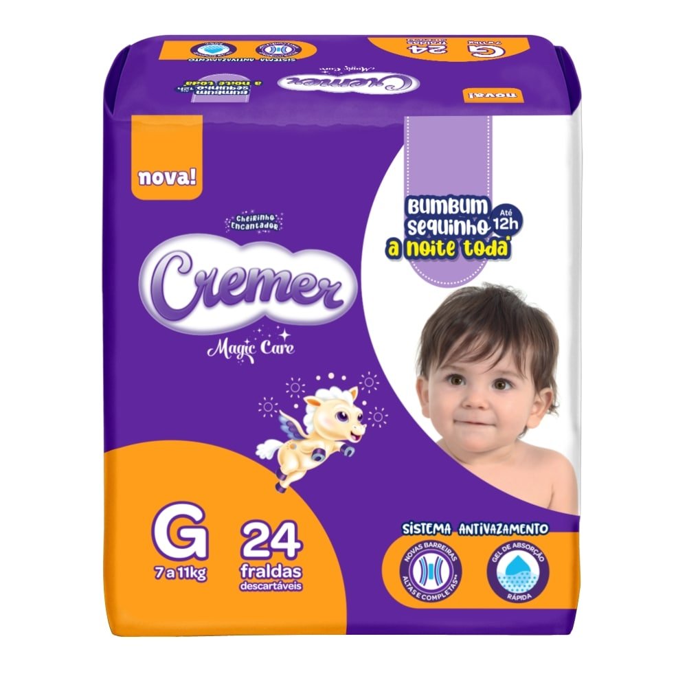 Fralda Descartável Cremer Jumbo Tamanho G - 8 Pacotes com 24 Fraldas - Total 192 Tiras