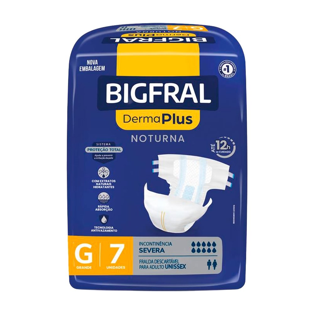 Fralda Geriátrica Bigfral Derma Plus Noturna Tamanho G - 8 Pacotes com 7 Fraldas - Total 56 Tiras