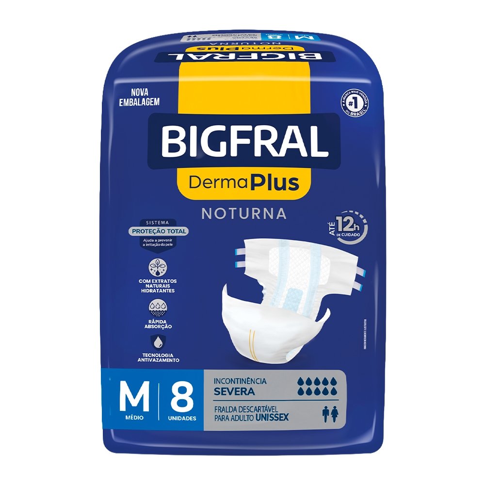 Fralda Geriátrica Bigfral Derma Plus Noturna Tamanho M - 8 Pacotes com 8 Fraldas - Total 64 Tiras