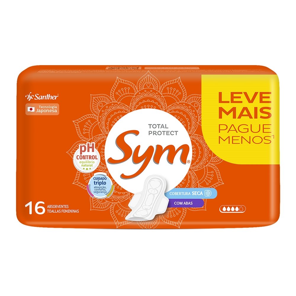 Absorvente Sym Cobertura Seca com Abas Embalagem com 16 Unidades