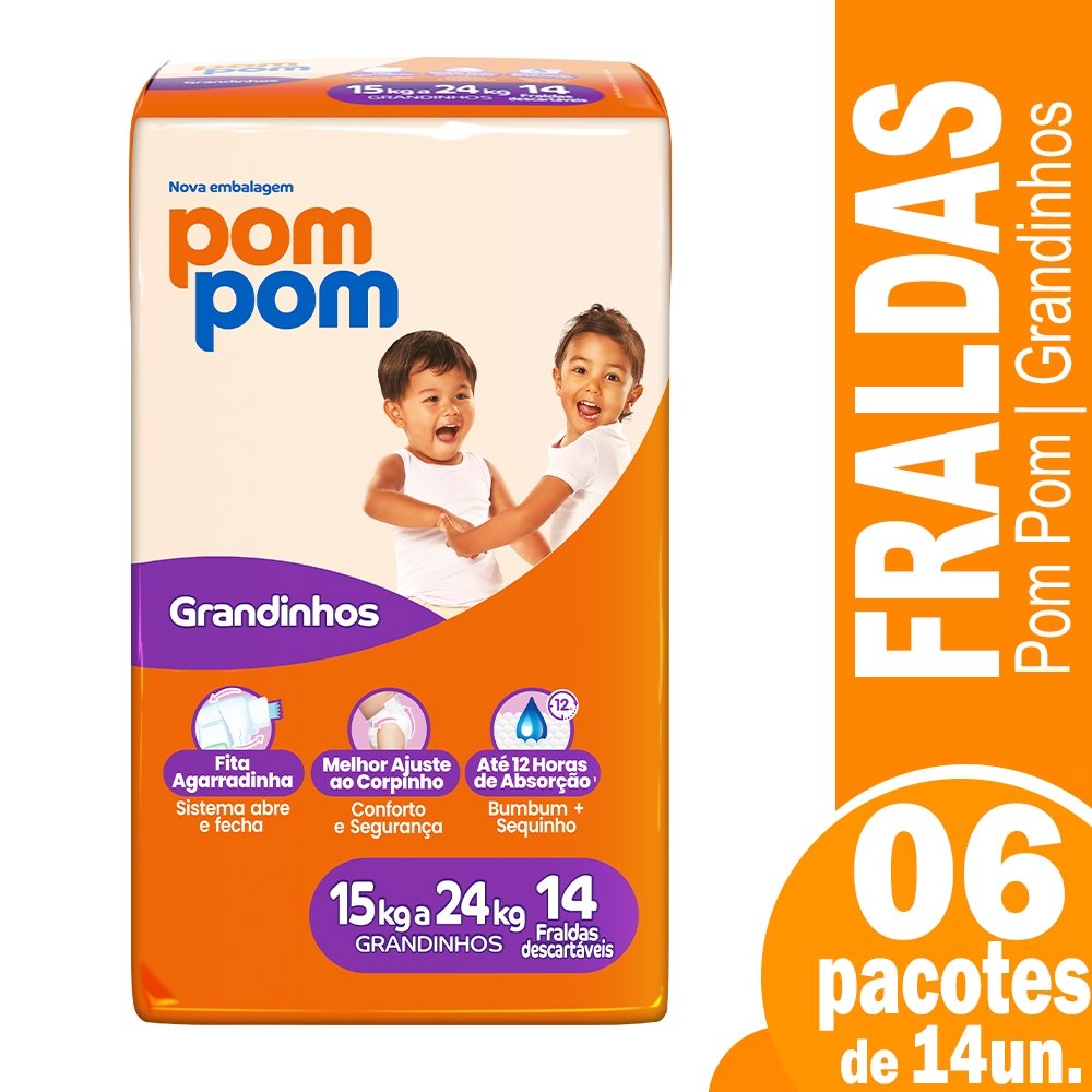 Fralda Descartável Pom Pom Protek Baby Jumbo Grandinhos Tamanho XXG - 6 Pacotes com 14 Fraldas - Total de 84 Tiras