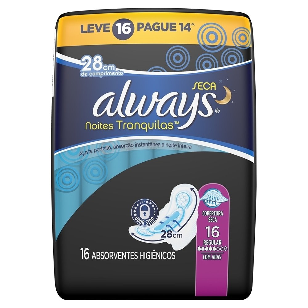 Absorvente Always c/ Abas Cobertura Noturno Malha Seca (Promoção Leve 16 e Pague 14)