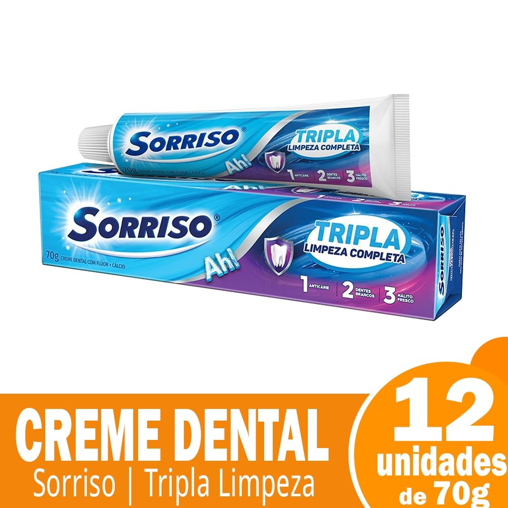 Creme Dental Sorriso Tripla Limpeza Completa 70g Embalagem com 12 Unidades