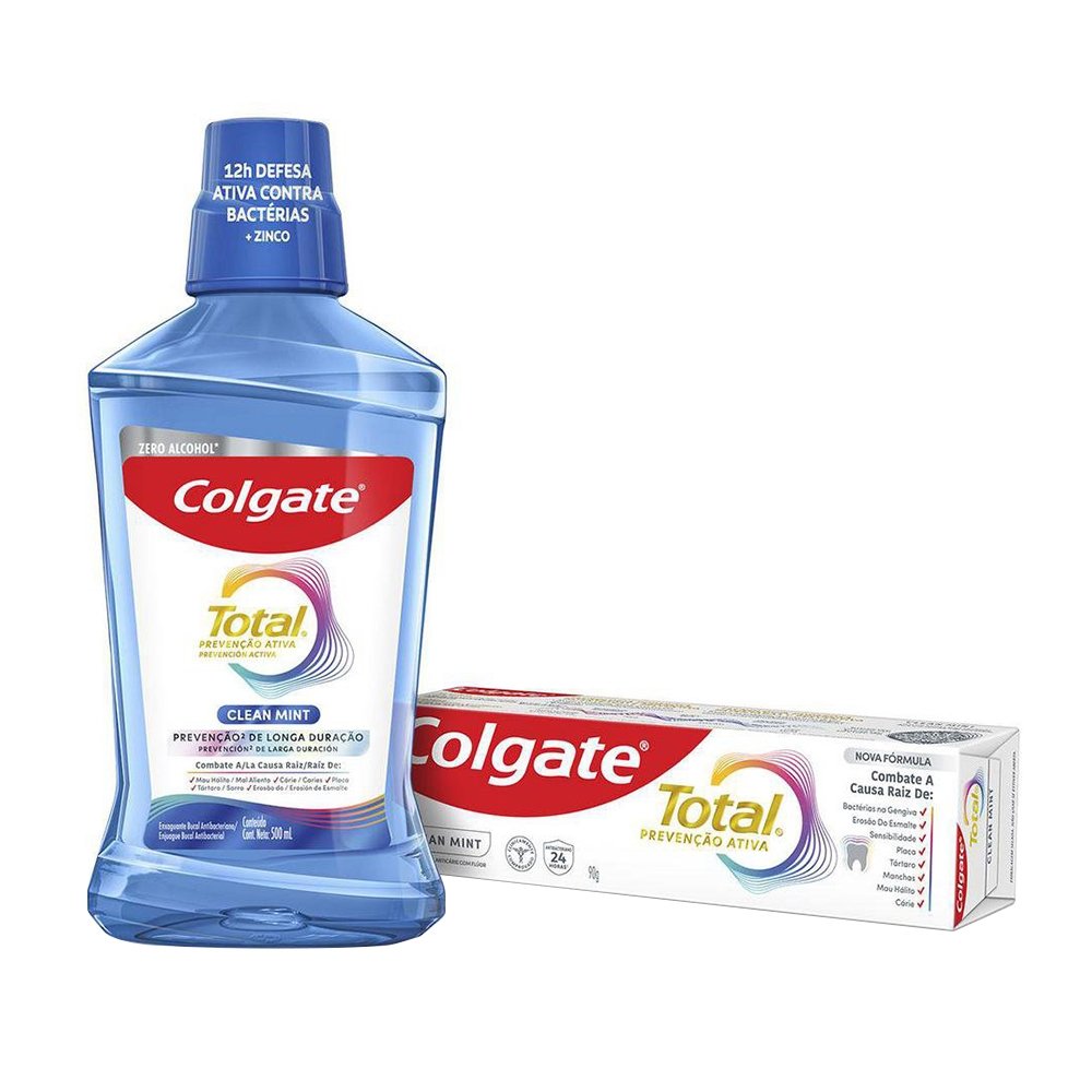 Enxaguante Bucal Colgate Total 12 Clean Mint 500ml + Creme Dental Colgate Total 12 Clean Mint 90g