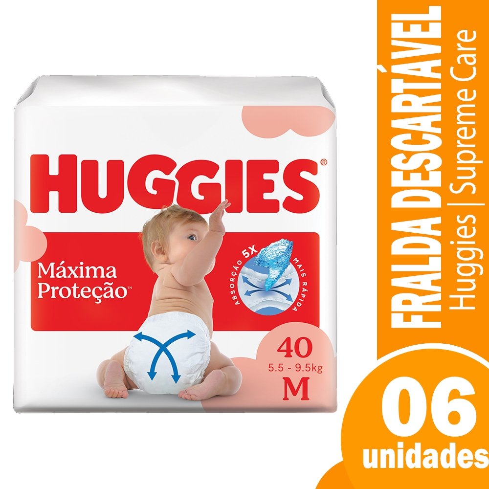 Fralda Descartável Huggies Supreme Care Mega Tamanho M - 6 Pacotes com 40 Fraldas - Total 240 Tiras