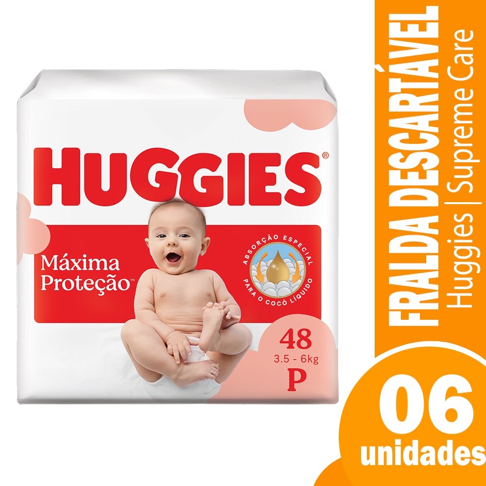 Fralda Descartável Huggies Supreme Care Tamanho P - 6 Pacotes com 48 Fraldas - Total 288 Tiras