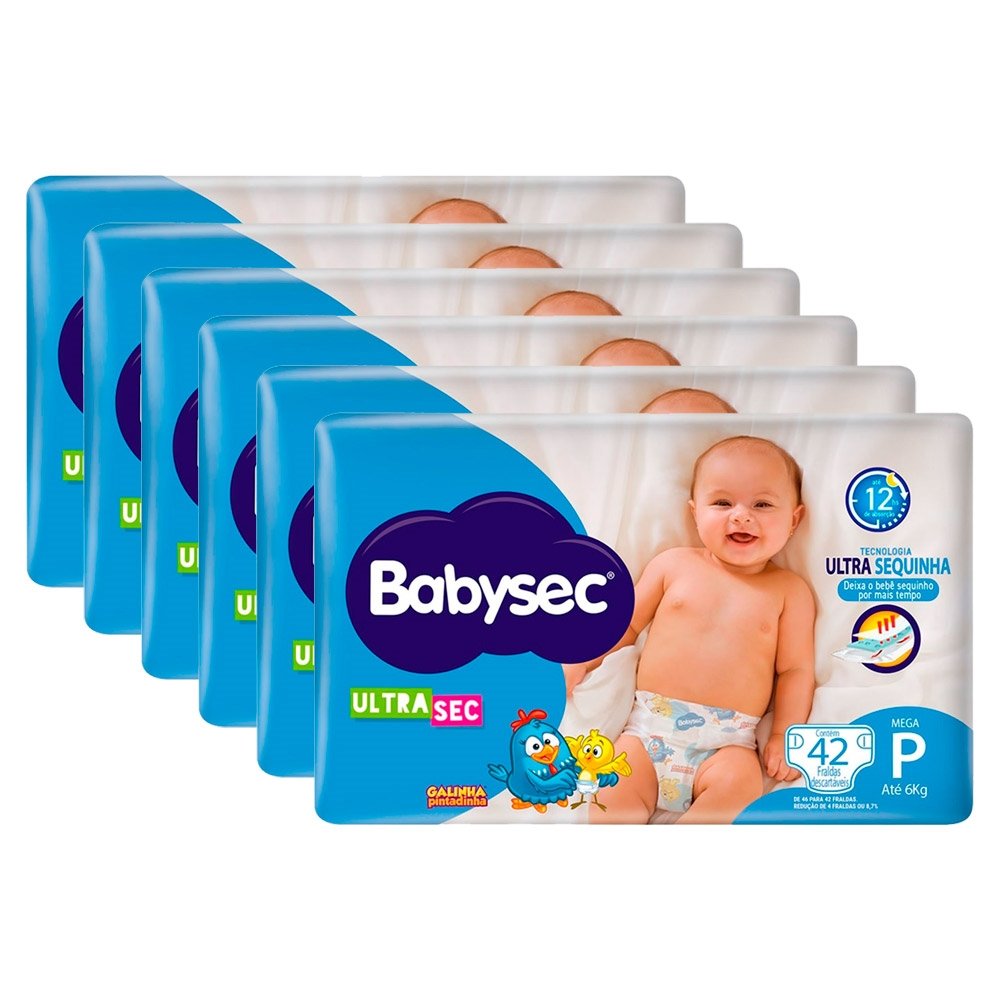 Fralda Descartável Babysec Ultra Mega Galinha Pintadinha Tamanho P - 6 Pacotes com 42 Fraldas - Total 252 Tiras