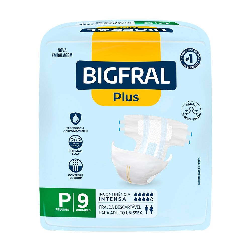 Fralda Geriátrica Bigfral Plus Regular Tamanho P - 8 Pacotes com 9 Fraldas - Total 72 Tiras