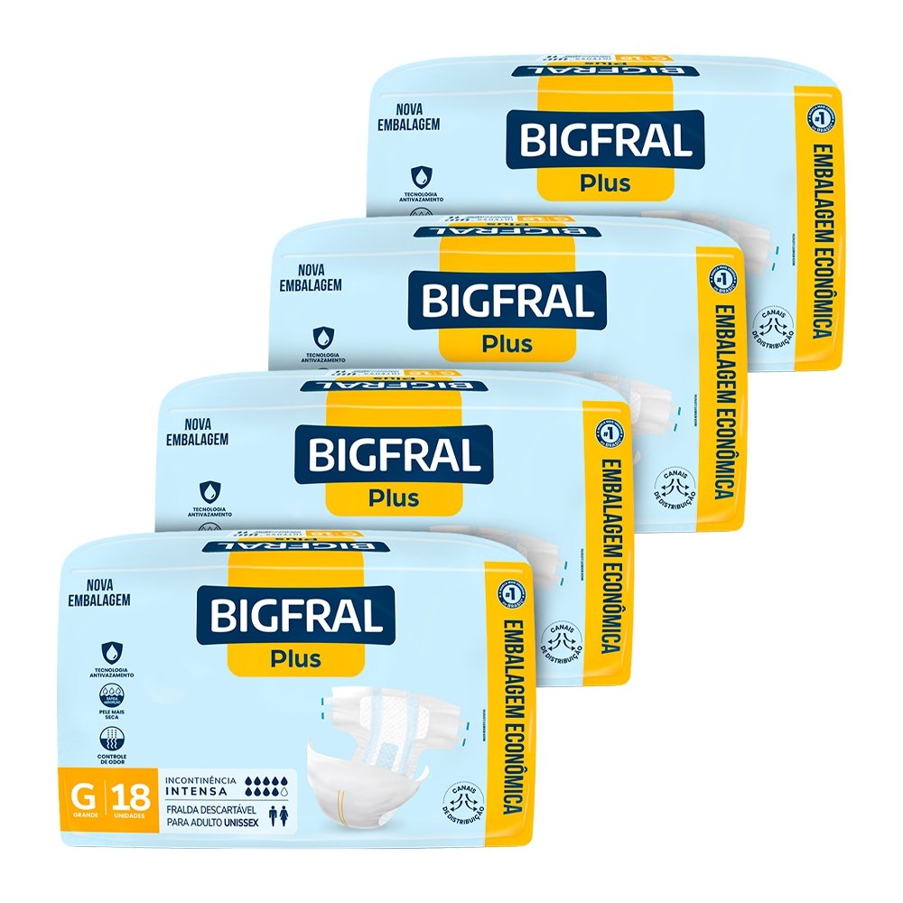 Fralda Geriátrica Bigfral Plus Regular Tamanho G - 4 Pacotes com 18 Fraldas - Total 72 Tiras