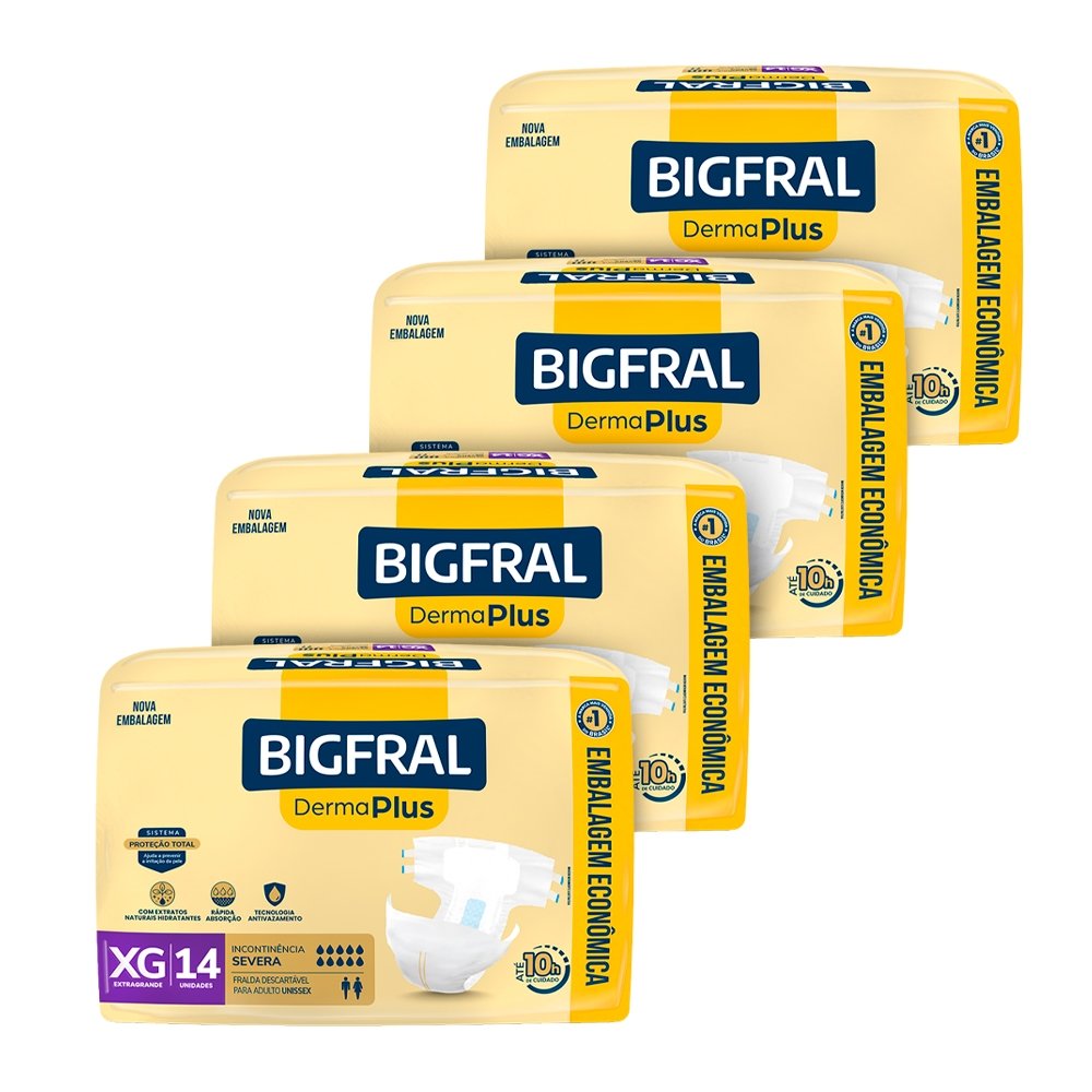 Fralda Geriátrica Bigfral Derma Plus Tamanho XG - 4 Pacotes com 14 Fraldas - Total 56 Tiras
