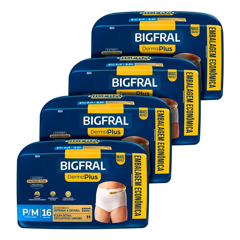 Roupa Íntima Adulto Bigfral Derma Plus Tamanho P/M - 4 Pacotes com 16 Fraldas - Total 64 Tiras