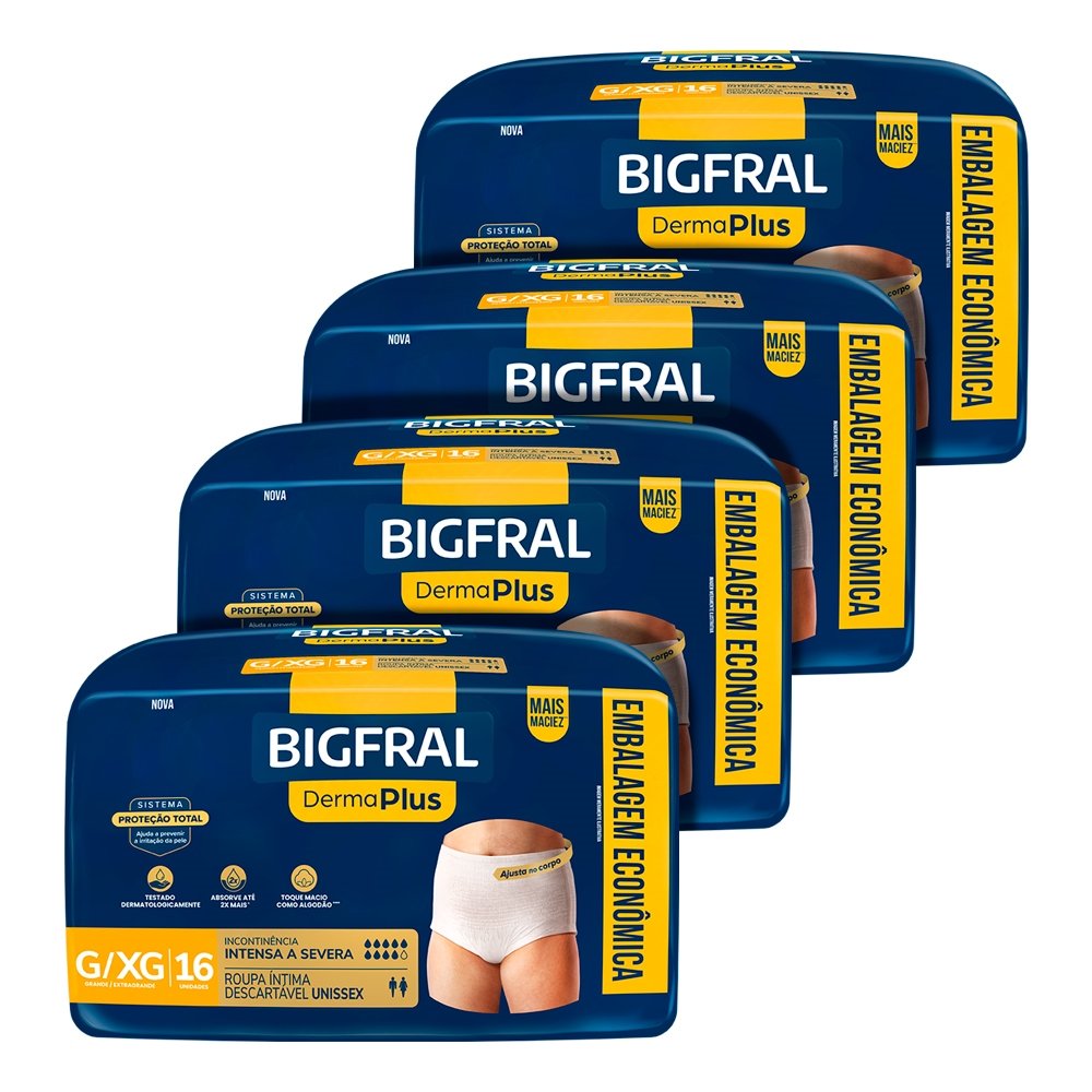 Roupa Íntima Adulto Bigfral Derma Plus Tamanho G/XG - 4 Pacotes com 16 Fraldas - Total 64 Tiras