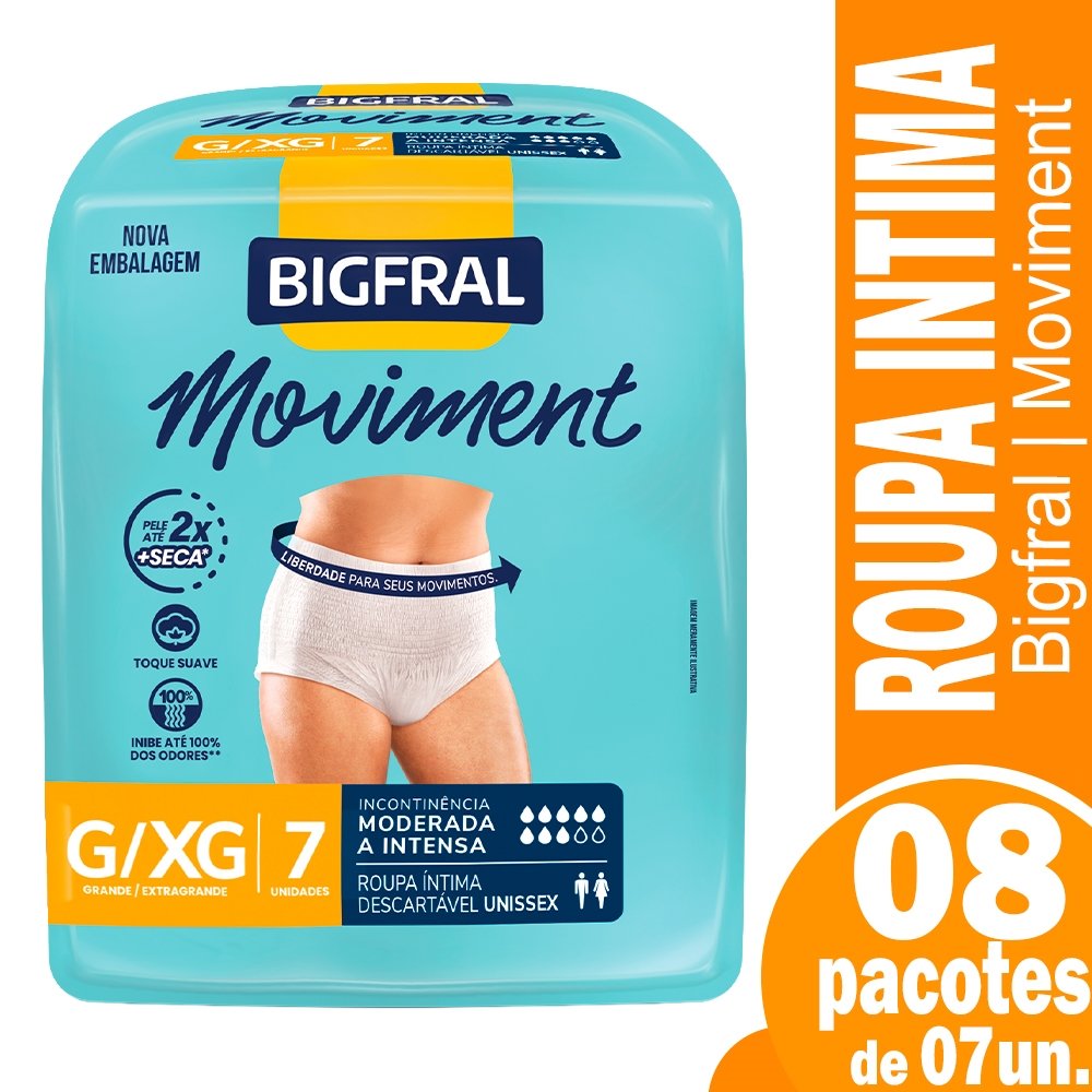 Roupa Íntima Bigfral Moviment Tamanho G/XG - 8 Pacotes com 7 Fraldas - Total 56 Tiras