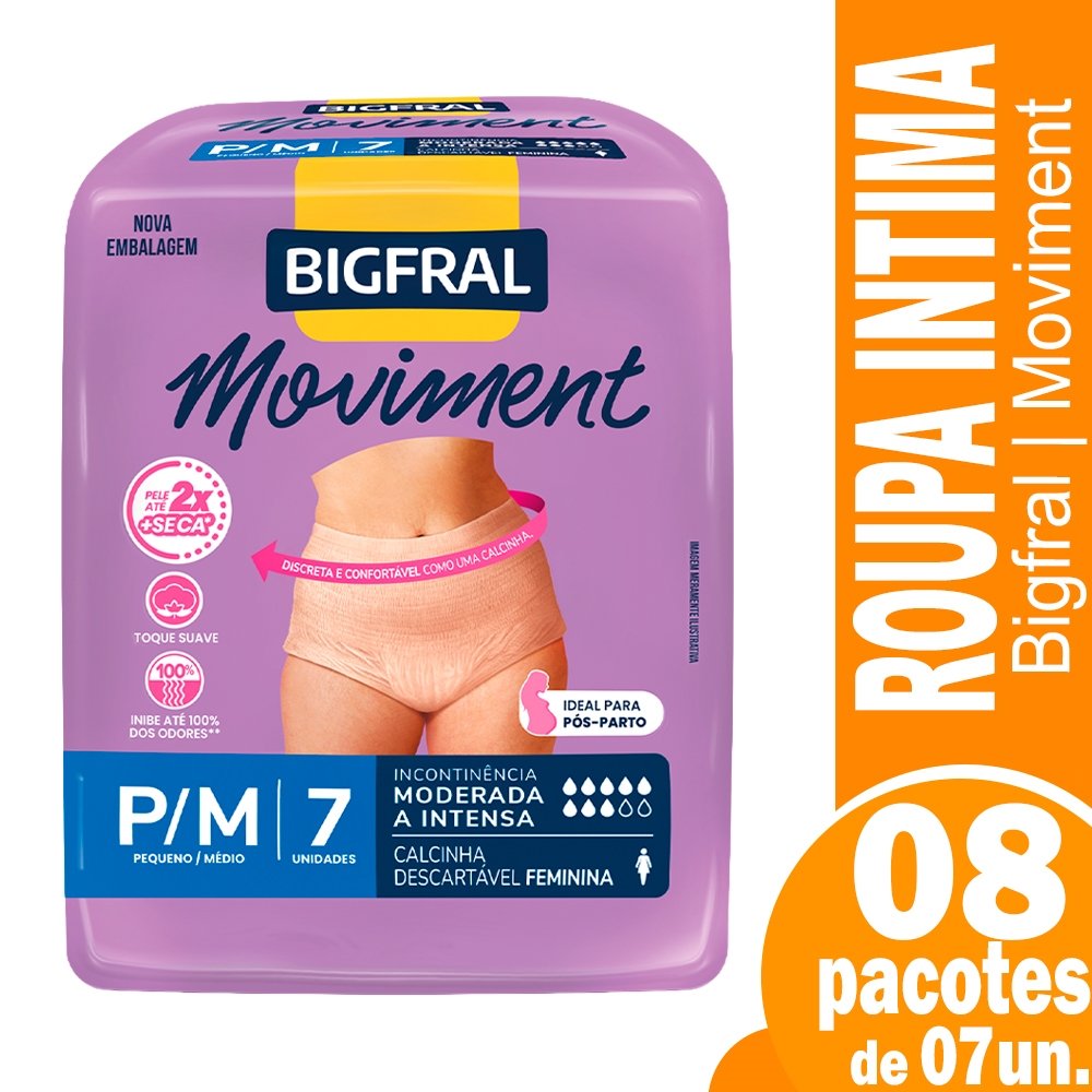 Roupa Íntima Bigfral Moviment Feminino Tamanho P/M - 8 Pacotes com 7 Fraldas - Total 56 Tiras
