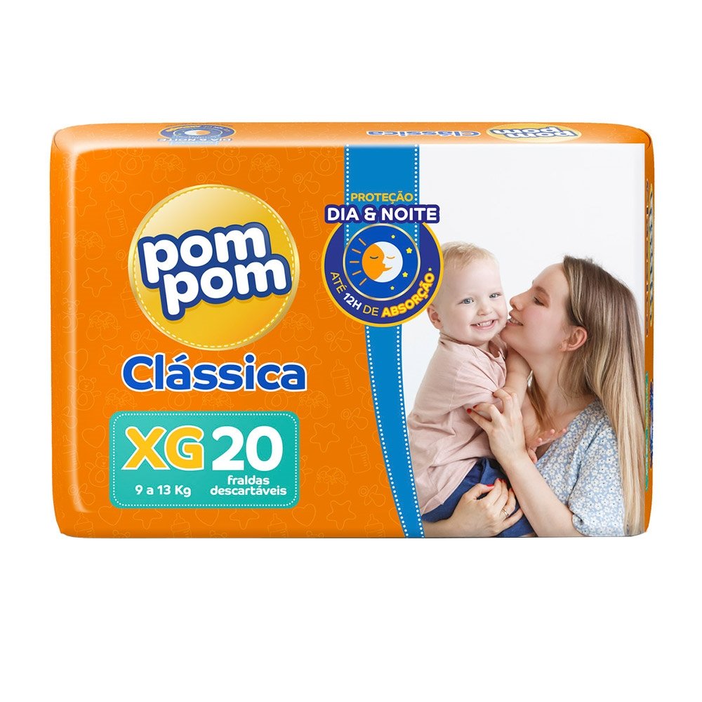 Fralda Descartável Pom Pom Clássica Jumbo Tamanho XG - 8 Pacotes com 20 Fraldas - Total 160 Tiras