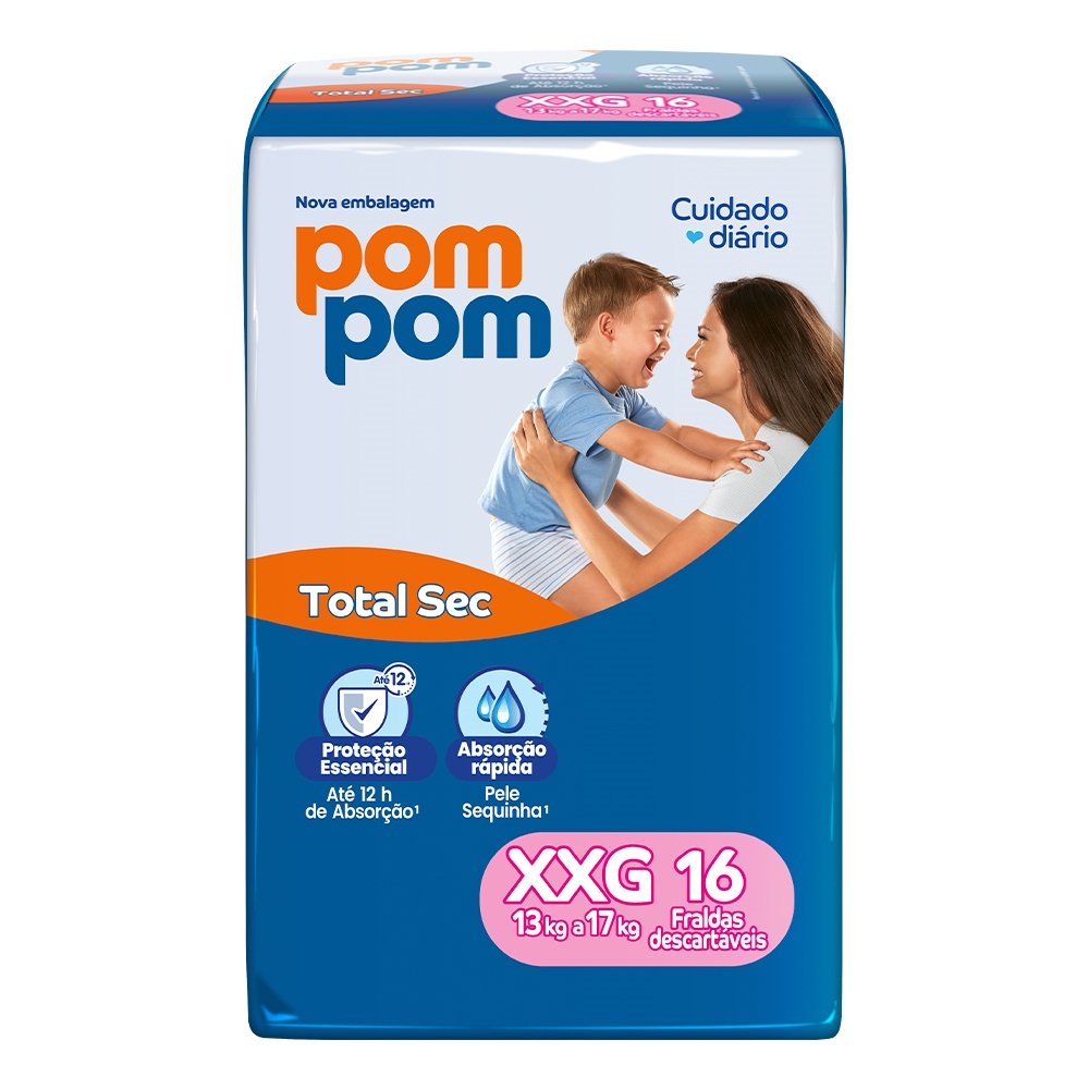 Fralda Descartável Pom Pom Clássica Jumbo Tamanho XXG - 8 Pacotes com 16 Fraldas - Total 128 Tiras