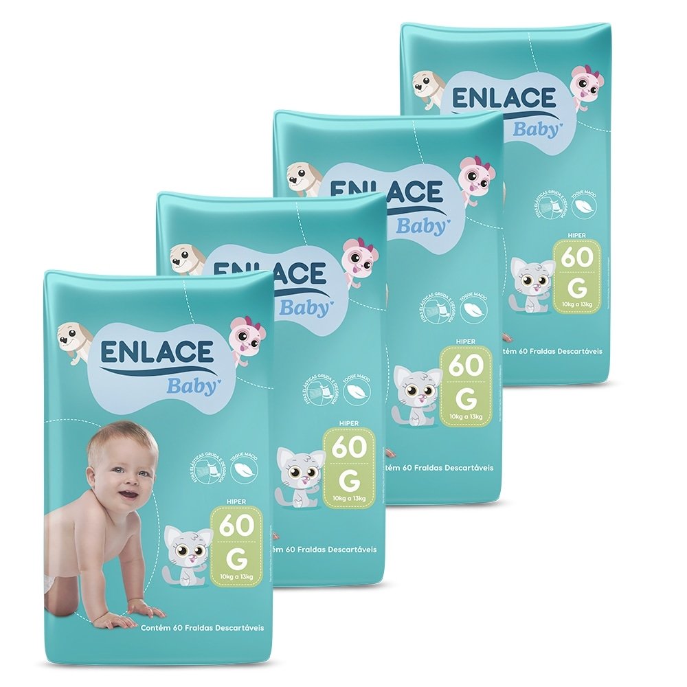 Fralda Descartável Enlace Baby Hiper Tamanho G - 4 Pacotes com 60 Fraldas - Total 240 Tiras