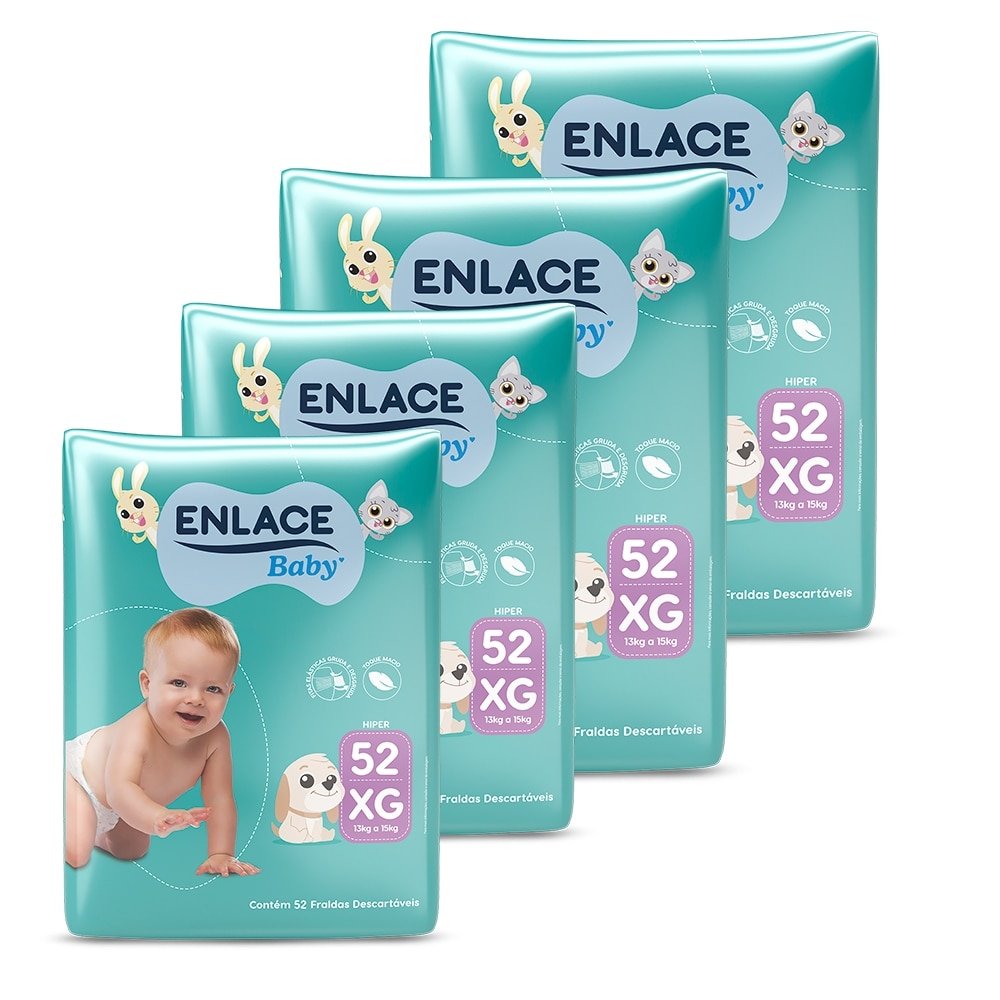 Fralda Descartável Enlace Baby Hiper Tamanho XG - 4 Pacotes com 52 Fraldas - Total 208 Tiras