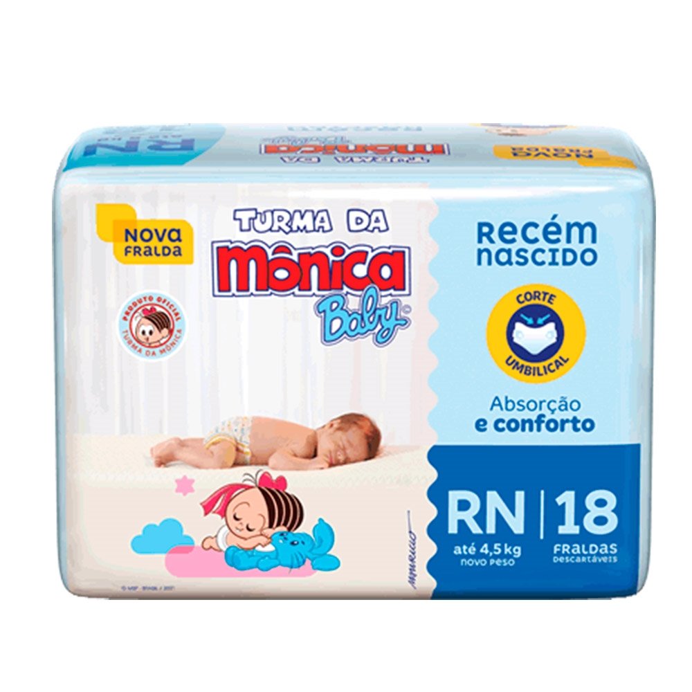 Fralda Descartável Turma da Mônica Jumbinho Tamanho RN - 8 Pacotes com 18 Fraldas - Total 144 Tiras