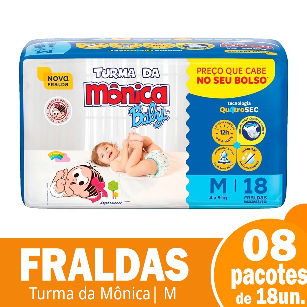 Fralda Descartável Turma da Mônica Jumbinho Tamanho M - 8 Pacotes com 18 Fraldas - Total 144 Tiras